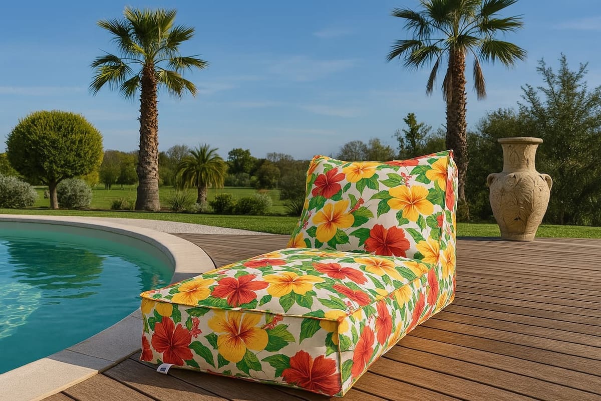 Transat fleuri coloré au bord d’une piscine – décoration extérieure design et estivale avec palmiers et jardin verdoyant, collection 2025.