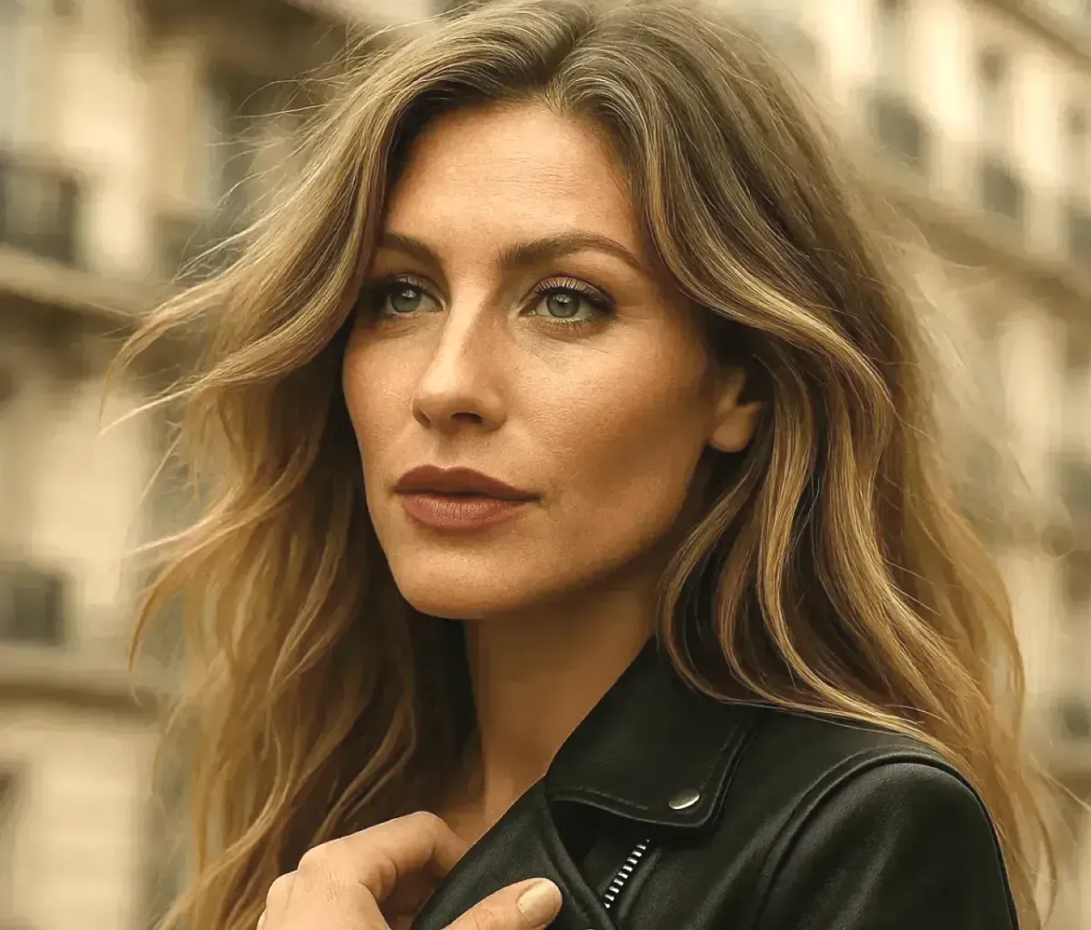 Femme élégante en veste en cuir noire posant en extérieur dans une rue urbaine au style parisien