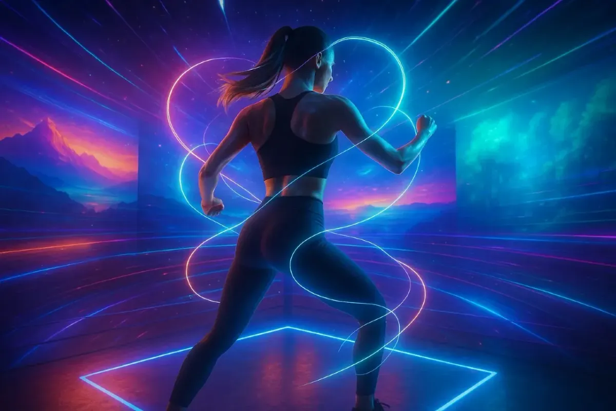 Femme en tenue de sport courant dans un univers virtuel futuriste avec effets lumineux néon