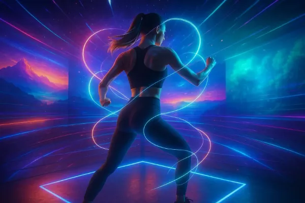 Femme en tenue de sport courant dans un univers virtuel futuriste avec effets lumineux néon