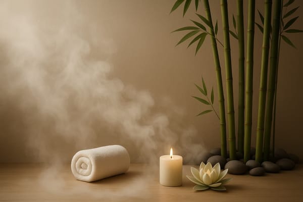 Ambiance bien-être inspirée d’un sauna japonais – serviette roulée, bougie et bambous pour une atmosphère zen et apaisante, 2025