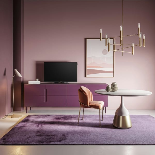 Salon au design intérieur moderne – ambiance élégante avec mur rose poudré, mobilier violet et doré, et tapis contemporain, collection 2025.